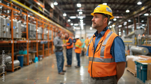 Male supervisor in safety gear oversees work at a busy warehouse.