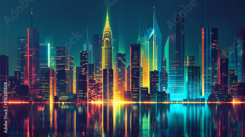 A city skyline is lit up in neon colors, creating a vibrant