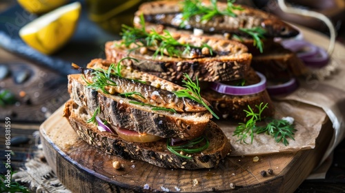 A sandwich featuring sprats fried rye bread with smoked fish in oil