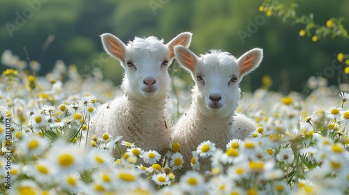 Two baby goats playing in a field of flowers.
