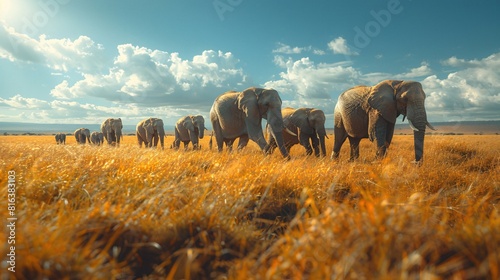 A herd of wild elephants walking through the savanna of Tarangire National Park in Tanzania, East Africa. 