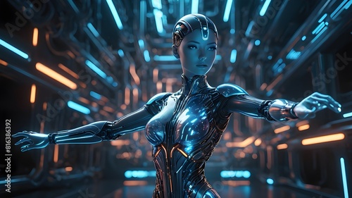 3D Illustration of a female cyborg with blue glowing background 