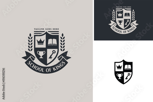 King crown, book, champion trophy cup, skeleton key and scroll ribbon for Family Emblem or Kingdom Realm Coat of Arms or School University Badge logo design