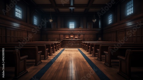 The image shows a large, empty courtroom with wooden benches and a judge's bench at the front.