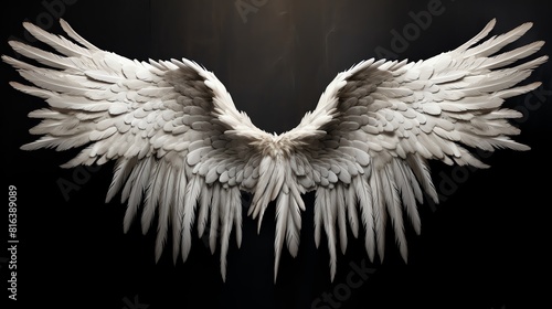 A pair of realistic angel wings with white feathers outspread against a black background.
