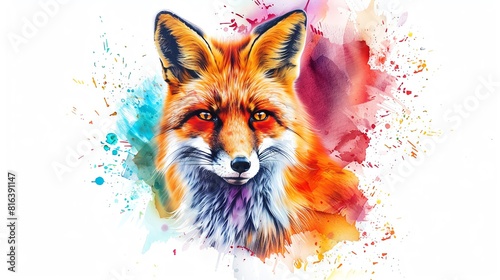 A vibrant watercolor illustration of a red fox, its vivid fur and curious expression highlighted on a white canvas
