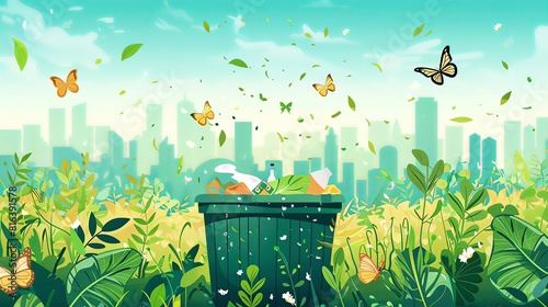 The garbage bin is filled with various types of waste, such as food fragments and organic matter. The background features greenery and city silhouettes in the distance. In between them, there is an il