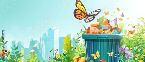An illustration featuring a large bin filled with various earth friendly waste such as food and apartment garbage. A colorful butterfly is flying around the trash can in front of a cityscape. The back