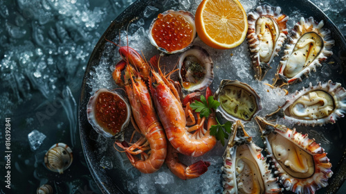 Luxurious seafood platter featuring lobster, prawns, and shellfish, beautifully garnished with citrus slices on ice.
