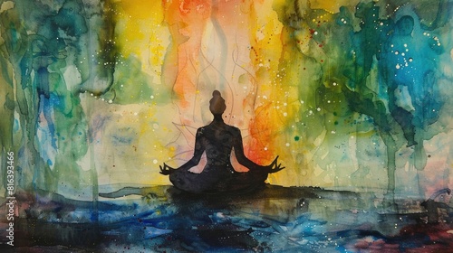 Lotus pose yoga with mudra hand, watercolor painting, abstract aura power.
