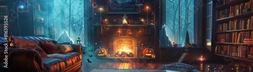 A bewitched living room with a crackling fireplace, where a person reads a magical Halloween fairy tale