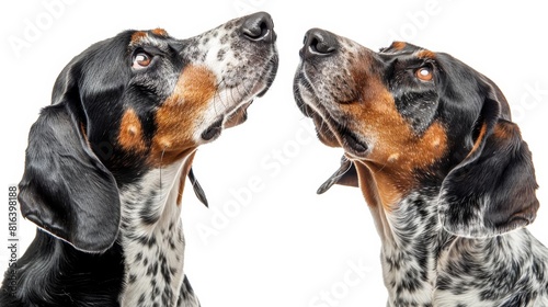 Two Bluetick Coonhounds, one howling and the other listening attentively, isolated on a white background