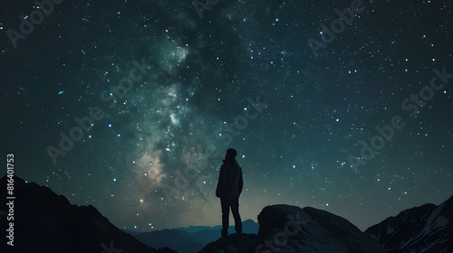 Night time long exposure landscape photography A man standing in a high place looking up in wonder to the Milky Way galaxy photo composite : Generative AI