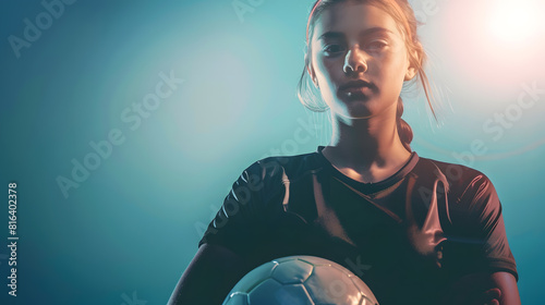Portrait of young female soccer player with soccer ball standing with a shining star in the back : Generative AI