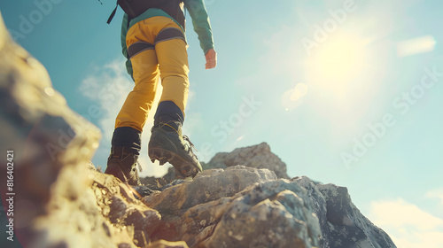 Male hiker climbing up the edge of mountain Adventure and freedom concept : Generative AI