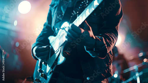 A guitar player making rock during concert Rock band performs on stage Guitarist plays solo : Generative AI