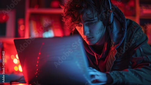 A hacker typing on a laptop in a dark room, ominous red warning lights illuminating his face