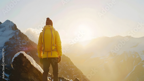 man alone on his back in a yellow jacket on a mountain peak contemplating the sunset in the backlight Mountaineer contemplating the landscape after hiking in the mountains : Generative AI