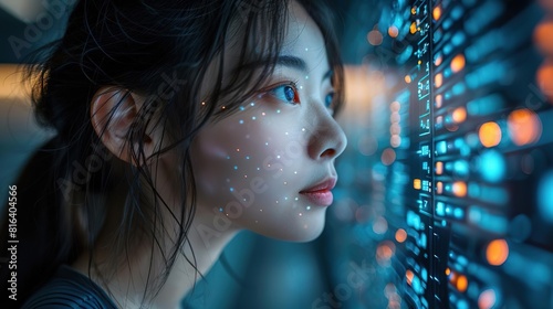 A young woman stares at a screen of data. She is wearing a futuristic suit and has a determined look on her face. She is ready to take on any challenge that comes her way.