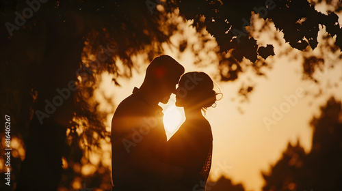 Couple in love silhouette during sunset touching noses : Generative AI