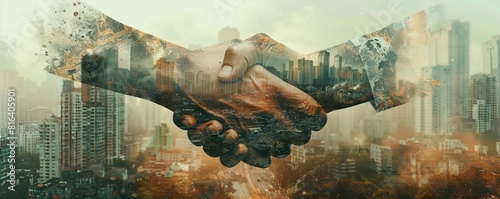 A double exposure of a handshake and a destroyed city, emphasizing the need for diplomacy and conflict prevention