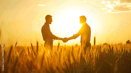 handshake farmer wheat business partnership agriculture concept silhouette two farmers shaking hands conclude a contract agreement in a field sun of wheat glare agriculture handshake c : Generative AI