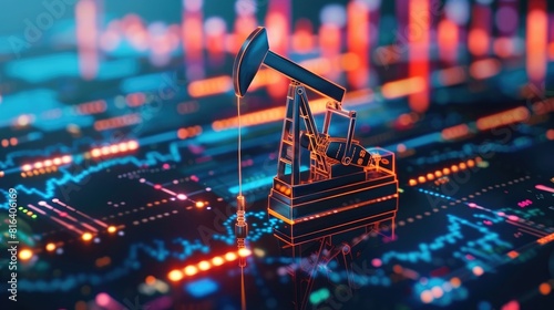 Oil and gas industry concept with oil pump, chart of stock market exchange or Financial combining. Technology background with hologram elements for financial business illustration. ,