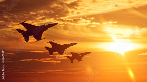 Air Force Day Aircraft silhouettes on background of sunset Combat flight of interceptors on a mission : Generative AI