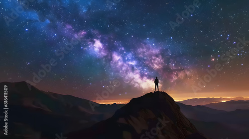 Milky Way arch and man on the mountain peak at starry night Silhouette of alone guy blue sky with bright stars in summer Galaxy Space background Landscape with arched milky way Travel : Generative AI