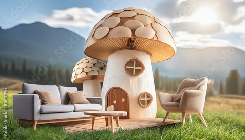 a realistic animated wooden house with mushroom shaped furniture and a full living rooms beautiful look,architecture, house of god, bâtiment, domes, grèce, ciel, voyage