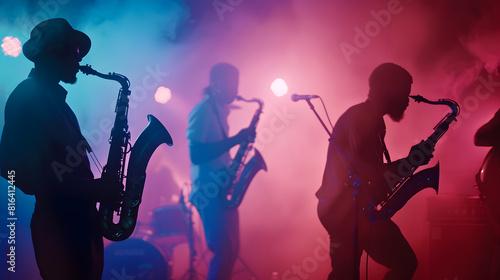 Bands silhouettes with on a concert Group of saxophone guitar trombone players performing on stage : Generative AI