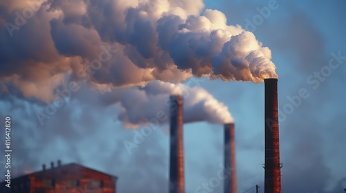 smoking factory chimneys polluting the atmosphere blue sky. environmental disaster. chimneys of a large plant