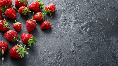 Lot of whole fresh red strawberry on grey stone