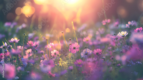Beautiful cosmos flowers in the field with a sunlight background, with a soft focused and blurred style. A spring meadow full of colorful wildflowers at sunset