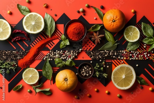 Various citrus fruits and spices on a red background.