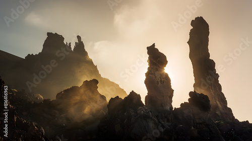 Rock formation silhouettes in El Teide National Park Tenerife Canary Islands Spain : Generative AI