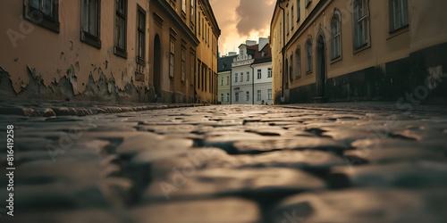 Rua de paralelepípedos com edifícios estreitos estilo europeu antigo