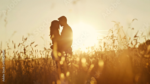 Silhouette romantic couple in field : Generative AI