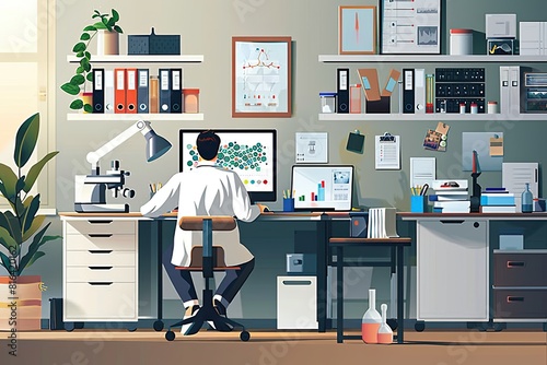 A scientist is conducting experiments on a computer in a modern and efficient home office. Simple and minimalist flat Vector Illustration