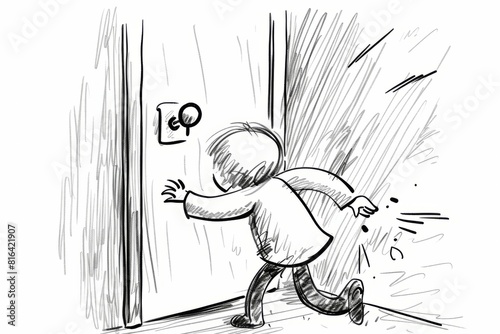Cartoon cute doodles of a clumsy person getting their sleeves caught on a doorknob as they walk by, Generative AI