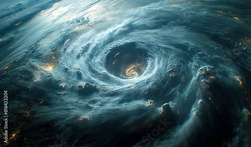 Closeup view from the outerspace of a large hurricane brewing in the ocean, with a large whirlpool forming in the middle