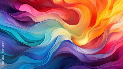 The image is an abstract painting with a rainbow of colors, including red, orange, yellow, green, blue, and purple
