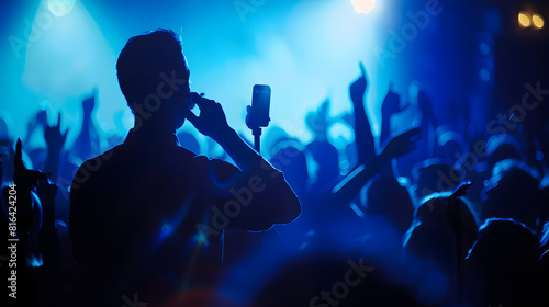 Vocalist in front of crowd on scene in stadium Bright stage lighting crowded dance floor Phone lights at concert Band blue silhouette crowd People with cell phone lights : Generative AI