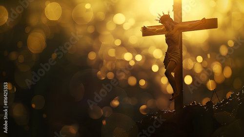 Golgotha Hill Jesus Christ Crucifixion Death and Resurrection from Stone Tomb Bokeh Silhouette : Generative AI