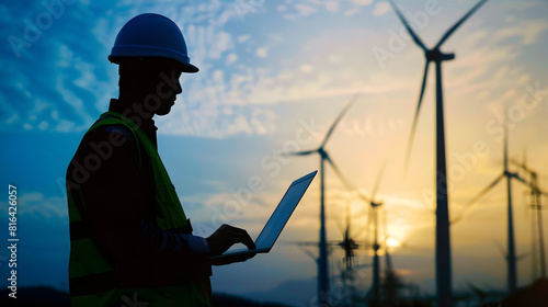 Silhouette of engineer working on laptop at wind farm : Generative AI