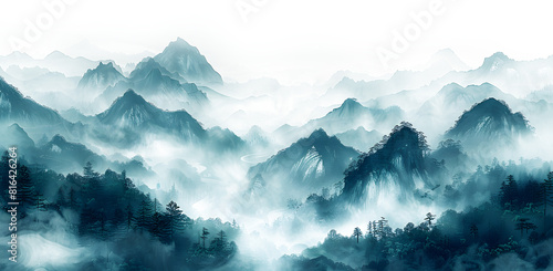 Watercolor landscape, Picture of a pine forest, a blue silhouette of trees and bushes. Blue splash of paint. on texture and transparent background