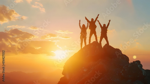 Together overcoming obstacles as a group of three people raising hands up on the top of a mountain Celebrate victory and success over sunset background Goal achievement symbol : Generative AI