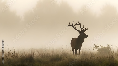 red deer stag in the wild ( Cervus elaphus ); the animals are very shy and hard to photograph, Red deer stag silhouette in the mist