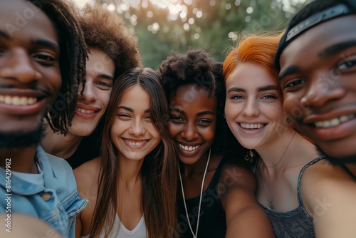 Multicultural group of young people smiling together at camera - Happy friends taking selfie pic with smartphone outdoors - Life style concept with guys and girls. Model by AI generative