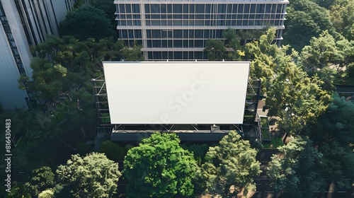 An empty huge poster mockup on the roof of a mall white template placeholder of an advertising billboard on the rooftop of a modern building framed by trees blank mockup of an outdoor : Generative AI